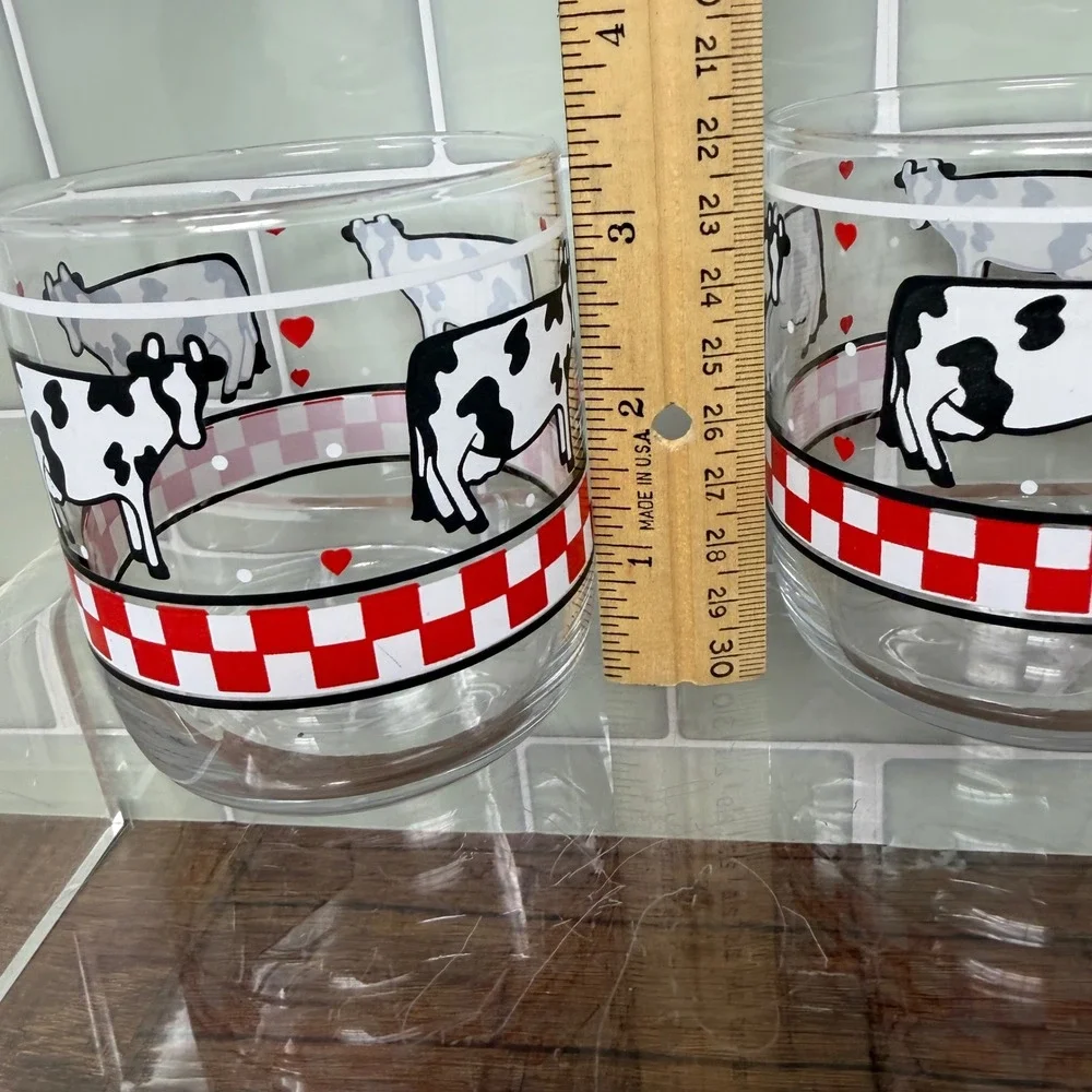Vintage Libbey Cow Glasses Set of 4 Red Checkered Hearts Juice Rocks READ Flaws